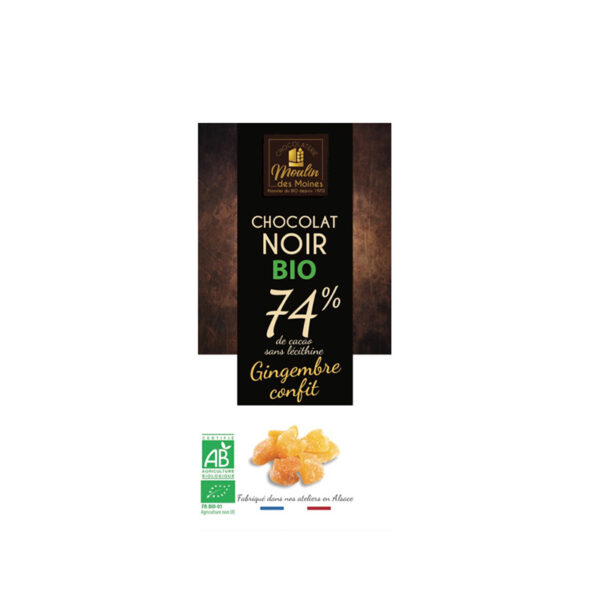 Tablette Chocolat Noir 74% Gingembre Confit BIO Moulin des Moines - La Ferme de Coubert