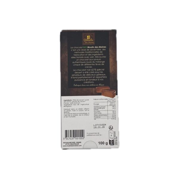 Tablette Chocolat Noir 62% Dessert BIO – Image 2