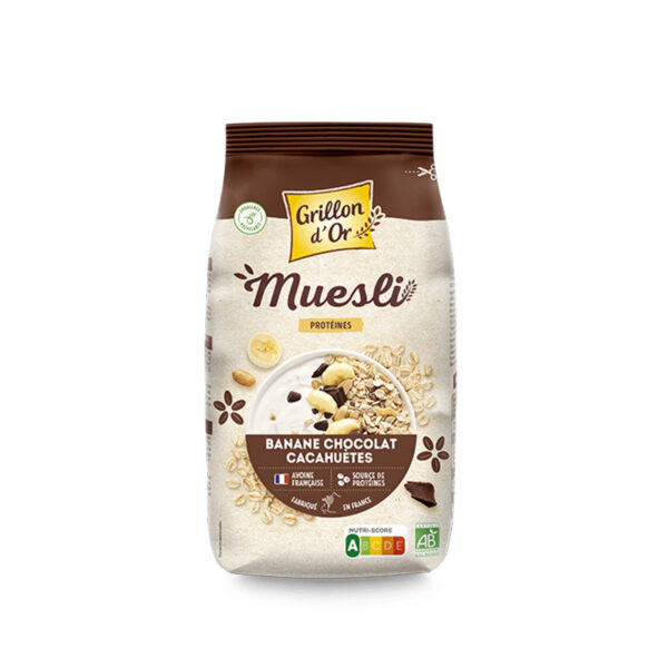 Muesli à la Banane, Chocolat et Cacahuètes BIO Grillon d'Or - La Ferme de Coubert